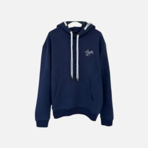 Louis Vuitton navy blue cotton hoodie with a drawstring hood and embroidered signature on the chest