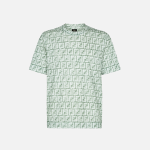 Fendi Short-Sleeved Crew-Neck Cotton T-shirt With An All-Over Fringed Effect FF Print Moss Green