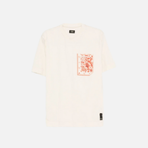 Fendi Cotton Crewneck T-shirt Neutral Color With A Coral Floral-Print Pocket