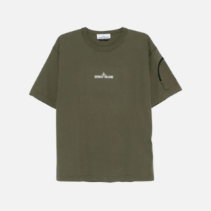 Stone Island Logo-Print Cotton T-shirt With A Sleeve Zip Pocket Green
