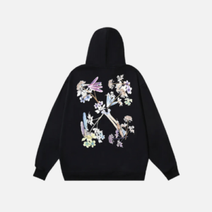 Hoodie Off-White Black With Floral Print