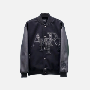 AMIRI Staggered Logo Varsity Jacket Black Wool Blend With Leather Sleeves