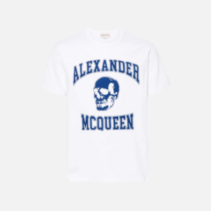 McQueen White Organic Cotton Varsity T-shirt With A Blue Skull And Logo Print