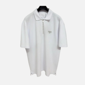 Prada Zipped Metal Logo Polo T-Shirt White