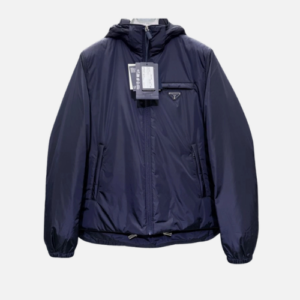 Prada Logo Hooded Puffer Jacket Navy Blue