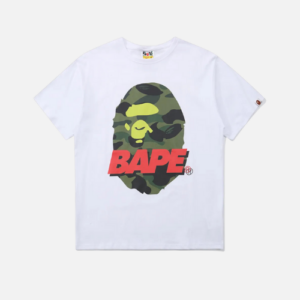 BAPE T-shirt Featuring The Signature Ape Head Logo Green Camouflage With A Red BAPE Text Overlay