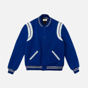 Yves Saint Laurent Teddy Bomber Jacket In Blue Wool With White Leather Trim