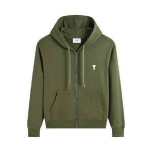 Ami Paris Ami De Coeur Zip-Up Hoodie Olive Green